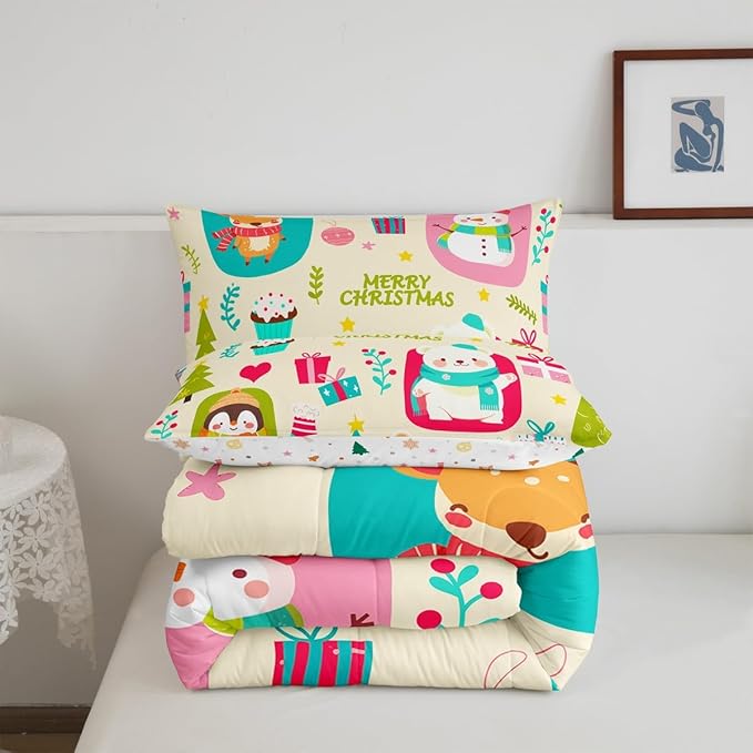 Erosebridal Merry Xmas Comforter Set King Size Christmas Tree Quilt for Kids Boys Girls Cartoon Penguin Bear Bedding Set Cute Deer Elk Duvet Insert with 2 Pillow Cases