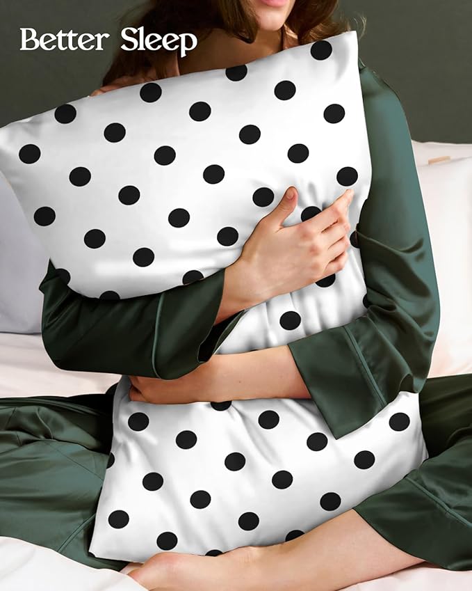 Silk Pillowcase 2 Pack - Pillow Cases 20" x 30" Queen Size Set of 2 for Hair and Skin Smooth Soft Breathable with Hidden Zipper Cooling Pillow Covers for Sleeping, White Black dot