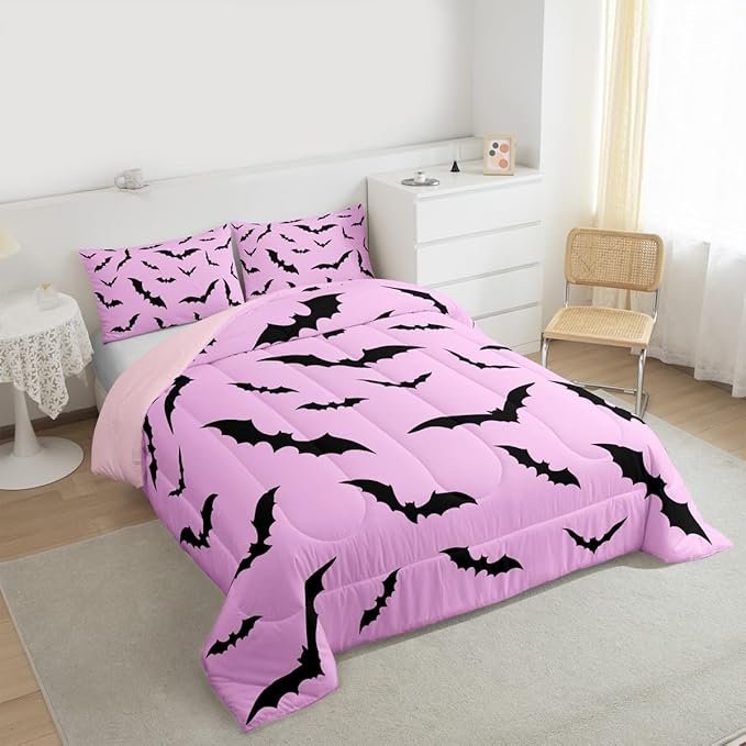 Erosebridal Gothic Bat Comforter Set Halloween Theme Bedding Set King Size,Horror Spooky Animal Quilt for Kids Boys Girls Adults Black Bats Silhouette Down Comforter,Pink Goth Room Decor