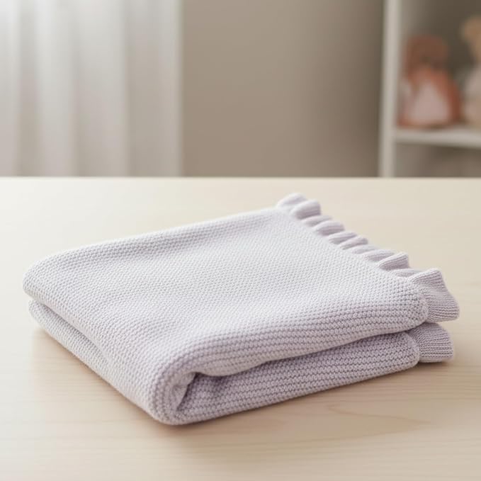Cotton Baby Blanket with Ruffle Edge Soft Breathable Newborn Blanket for Boys & Girls, Lightweight Knit Throw for Crib, Stroller & Nursery Multiple Colors Available Lilac 30x40