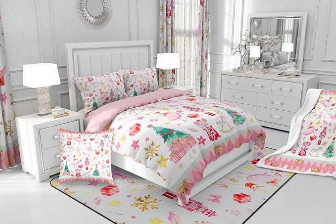 Feelyou Pink Christmas Kids Comforter Set King Size Ballet Nutcracker Bedding Set Snowflake Duvet Quilt for Kids Boys Girls Bedroom Decor Microfiber Ultra Soft Breathable