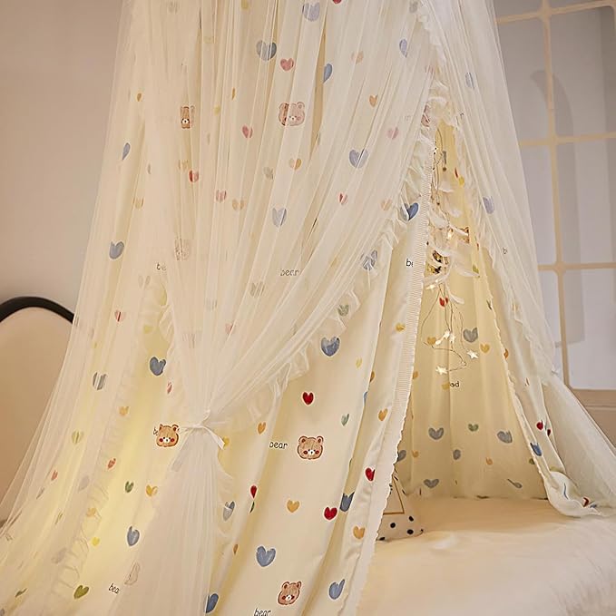Bed Canopy for Girls, Double Layer Dome Mosquito Net Princess Canopy for Girls Bed Room Decor Reading Nook (Lovely Bear)