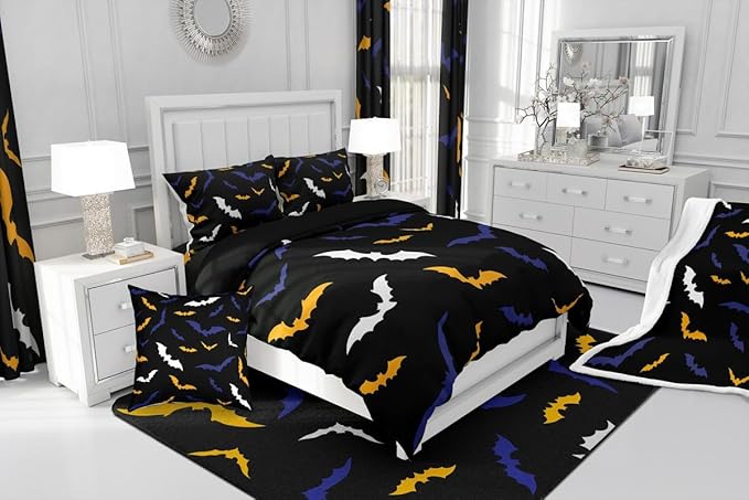 Erosebridal Bat Comforter Set King Size for Kids Boys Happy Halloween Decor Quilt with 2 Pillow Cases Bats Animal Silhouette Bedding Set Gothic Spooky White Duvet Insert,Orange