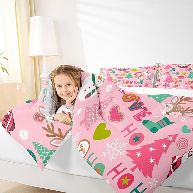 Manfei Xmas Pink Comforter Set King Size, Santa Claus Snowman Deer Trees Bedding Set 3pcs for Kids Girls Adults Room Decor, Christmas Theme Down Comforter New Year Quilt Set with 2 Pillowcases