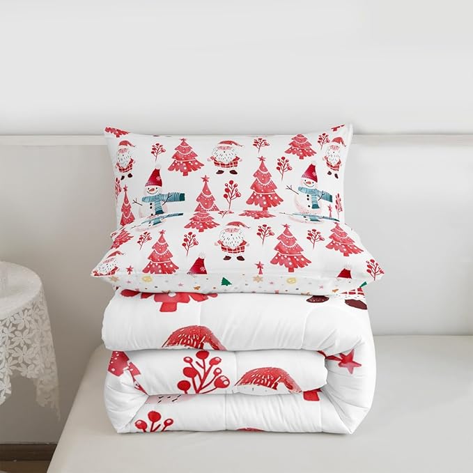 Feelyou Merry Christmas Comforter Set All Season Xmas Tree Snowman Bedding Set with 2 Pillow Cases Santa Claus Microfiber Kids Full Bedclothes Bedroom Decor Duvet Quilt Breathable Soft
