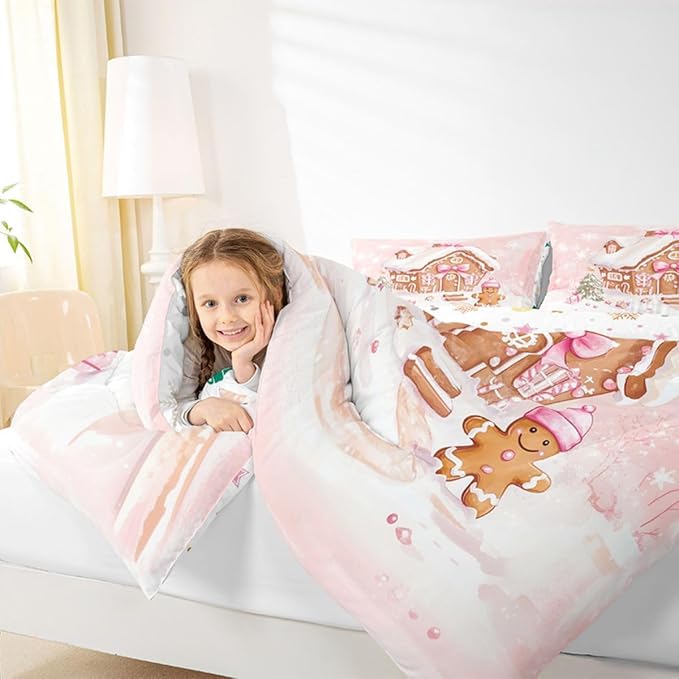 Feelyou Gingerbread House Kids Comforter Set Full Size Gingerbread Man Bedding Set Christmas Tree Duvet Quilt for Kids Boys Girls Bedroom Pink Bow Decor Snowflake Microfiber Ultra Soft Breathable
