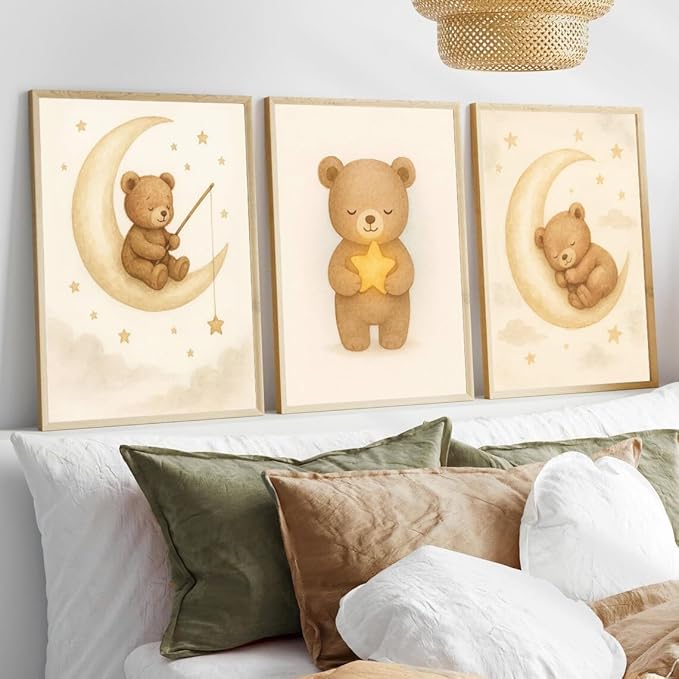 XBQZFLHT 3Pcs Bear Nursery Wall Art Teddy Bear Moon and Stars Canvas Prints Cute Animal Sleeping on the Moon and Cloud Neutral Baby Room Decor Pictures for Boys and Girls 8x10in Unframed