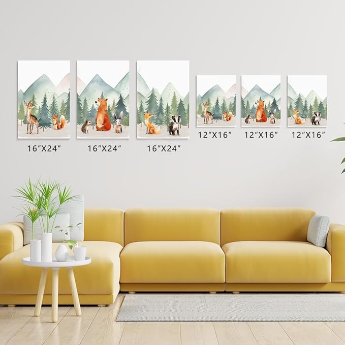 Forest Animals Mountain Adventure Nursery Decor, 3 Piece Watercolor Nusery Wall Art for Boys, Woodland Nursery Wall Decor, Baby Boy Girl Safari Room Wall Art, Framed Canvas, 12"x16"