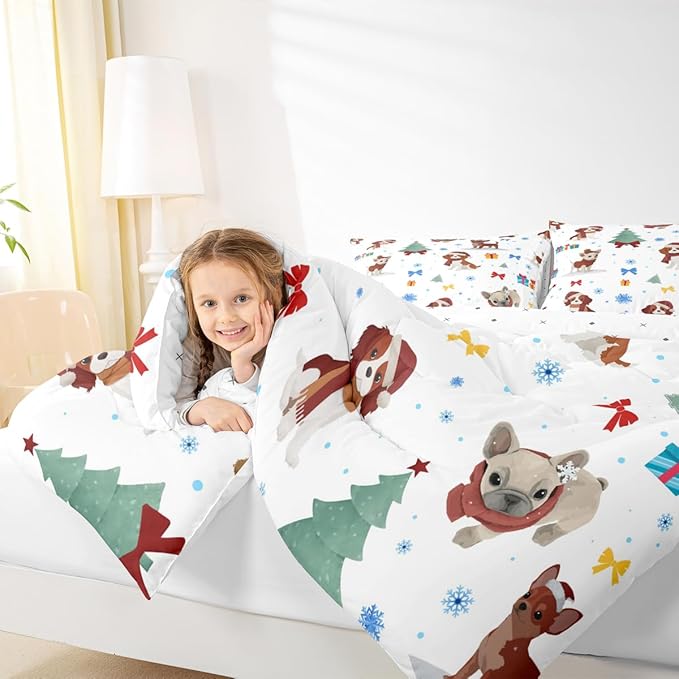 Feelyou Christmas Puppy Comforter Set All Season Festive Pet Bedding Set with 2 Pillow Cases Cute Dog Kids Full Bedclothes Xmas Tree Snowflake Bedroom Decor Duvet Quilt Breathable Soft Lightweight