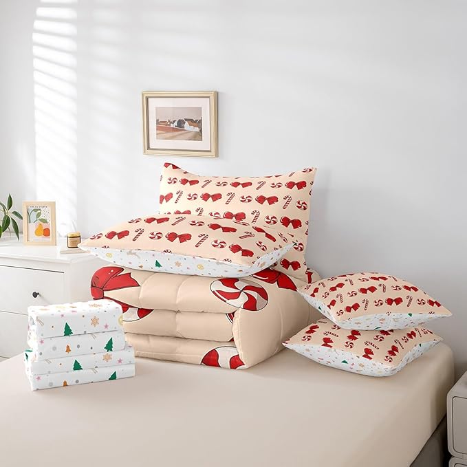 Feelyou Red Christmas Girly Comforter Set with Sheets Kids Christmas Bowknot Bedding Set Boys Girls Bow Candy Decor Bed in a Bag Xmas Theme Bed Set Bedroom Queen Size