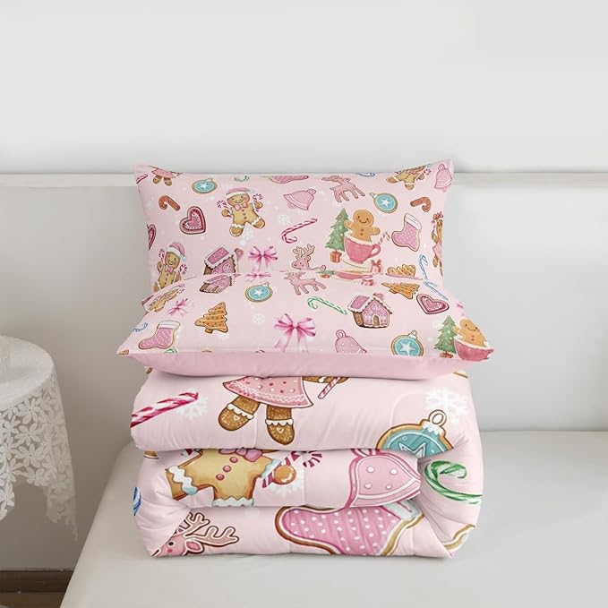 Merry Christmas Kid Comforter Set Full Size,Gingerbread Man Elk Deer Bowknot Bedding Set,Room Decor,Cute Girly Bow Tie Xmas Tree Quilt Comforter,Pink Colorful Duvet Set Bedroom Quilt Set,2 Pillowcases