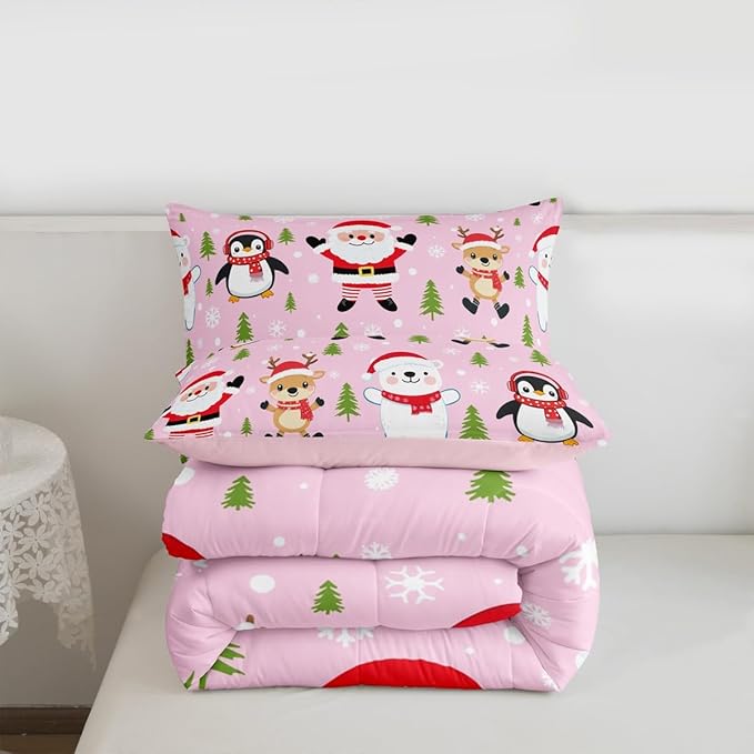 Feelyou Pink Christmas Bedding Set Soft for Boys Girls, Santa Claus Comforter Set King Size Penguin Deer Duvet Quilt Microfiber Xmas Snowflake Tree Bedroom Decor 3 Pcs with 2 Pillow Cases