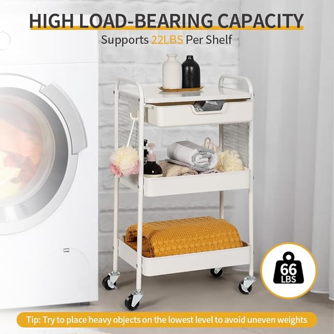 3-Tier Rolling Cart with Drawer, Metal Utility Storage Cart Organizer with Lockable Wheels&Hanging Cups&Hooks, Mobile Storage Craft Carts Trolley with Mesh Shelves for Kitchen, Office-White