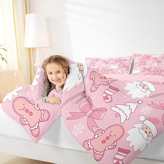Feelyou Pink Christmas Bedding Set Soft for Boys Girls, Santa Claus Comforter Set Queen Size Gingerbread Man Duvet Quilt Microfiber Bow Candy Cane Bedroom Decor 3 Pcs with 2 Pillow Cases