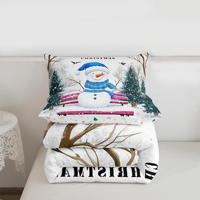 Feelyou Merry Christmas Bedding Set Soft for Boys Girls, Cute Snowman Comforter Set Twin Size Snowflake Duvet Quilt Microfiber Christmas Tree Bedroom Decor 2 Pcs with 1 Pillow Cases