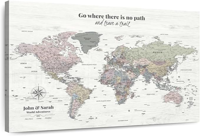 ElephantStock - Personalized Leave A Trail Iii Push Pin World Map Wall Art - Horizontal Canvas Wall Art - Living Room Wall Decor - Digital Art Map Canvas Art - White And Gray Decor - 45" x 30"