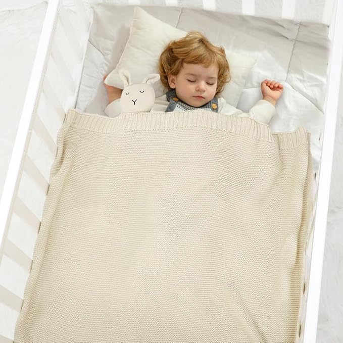 Neiwech Baby Blanket Boy Girl Cotton Knitted Soft Swaddling Receiving Baby Blankets for Newborn Toddler Crib Stroller A-Beige 30 x 40 Inch