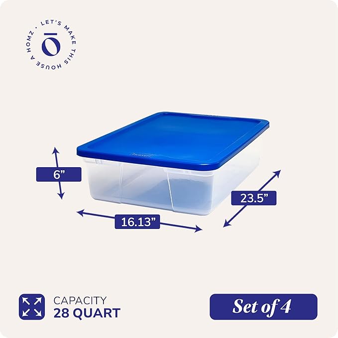 HOMZ 4-Pack Snaplock, Small Clear Plastic Storage Organizer Bins w/Lids, 28 Quart, Blue - Stackable Container Boxes for Bedroom, Bathroom, Garage, and Office Organization