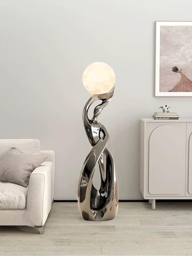 Bofea-Modern Funky Floor Lamp for Living Room,Large Tall Standing Lights with 3D Moon Lamp,Smoked Resin Floor Lamps,Accent Lights,Modern Dancing Girls Statue for Living Room Bedroom Home Decor