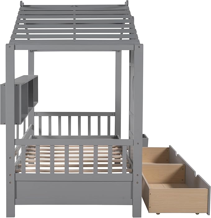 Bellemave Twin Size House Bed with Storage Drawers,Kids House Bed Frame with Shelves,Cute Wood House Bed Twin with Roof for Kids,Girls,Boys,Gray