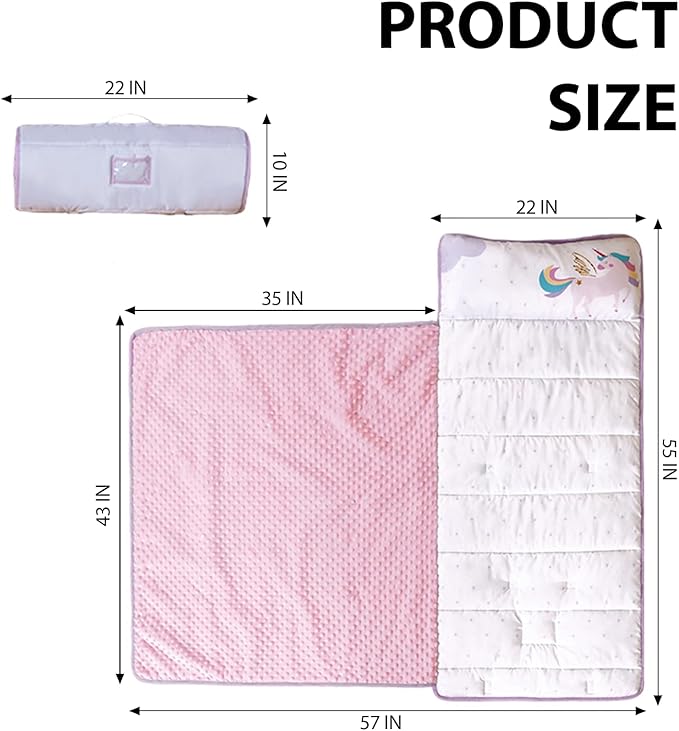 Toddler Nap Mat with Pillow and Minky Blanket 55''x35'' Toddler Sleeping Bag for Daycare, Preschool Travel Camping Mat Nap Mat for Boys and Girls