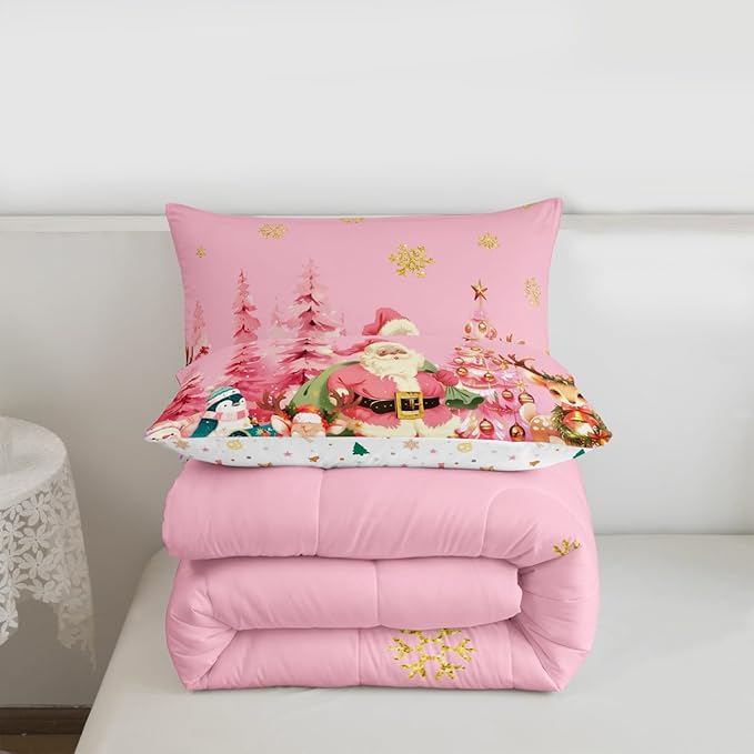 jejeloiu Merry Christmas Comforter Set Toddler Size Santa Claus Bedding Set for Kids Boys Girls Cute Deer Duvet Quilt Pink Bedroom Decor
