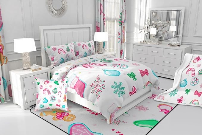 Feelyou Candy Cane Comforter Set Toddler Size Christmas Ornament Bedding Set for Kids Boys Girls Snowflake Duvet Quilt Festive Bow Bedroom Decor Christmas Stocking 2 Pcs with 1 Pillow Cases
