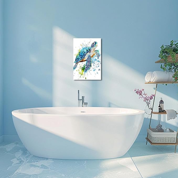 AWPANERAR Sea Turtle Wall Art Bathroom Pictures Watercolor Sea Life Canvas Prints Ocean Animal Poster Nautical Theme Artwork for Kids Room Nursery Decor Framed (White, (42L x 28W))