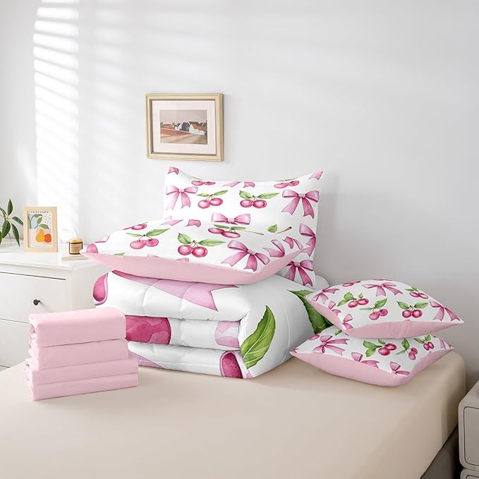 7 Pieces Pink Bowknot Girls Comforter Set King Size,Cherry Tropical Fruit Bow Patchwork Bedding,Bow Tie Butterfly Knot Princess Dreamy（Comforter+Fitted+Flat Sheet+2 Pillowcases+2 Throw Pillow Covers）