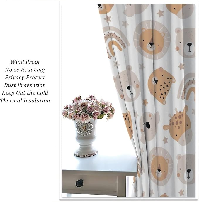 Cartoon Boho Animal Curtains,Funny Forest Safari Print,Cute African Wildlife Koala Giraffe Lion Leopard Bear Rainbow Blackout Window Drapes for Boys Girls Kids Baby Child Bedroom 42x45 Inch