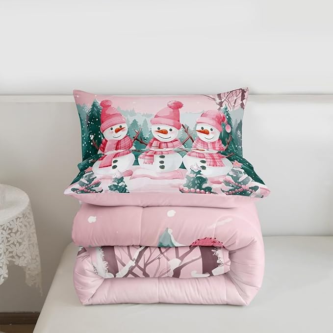 Feelyou Pink Christmas Kids Comforter Set Full Size Merry Christmas Tree and Snowman Bedding Set Cute Snowman Duvet Quilt for Kids Boys Girls Bedroom Xmas Snowflake Decor Kawaii Ultra Soft Breathable
