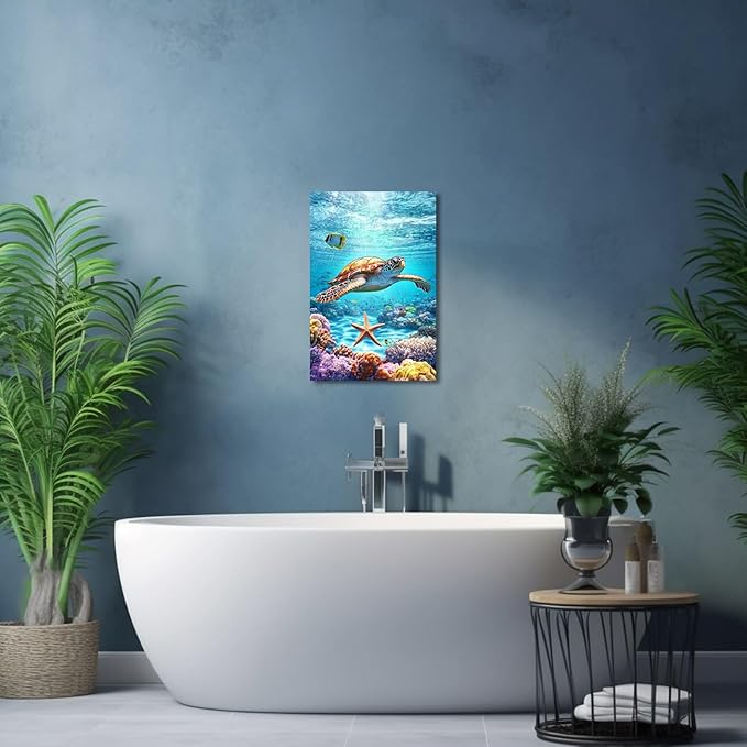 AWPANERAR Sea Turtle Wall Art Bathroom Pictures Watercolor Sea Life Canvas Prints Ocean Animal Poster Nautical Theme Artwork for Kids Room Nursery Decor Framed (Green, (30L x 20W))
