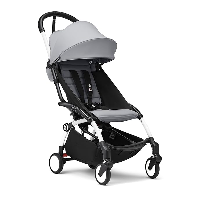 Stokke YOYO3 Stroller from 6 Months - Includes White Frame, Stone Seat Cushion & Stone Canopy - Folds in & Out in a Flash - Light & Compact - Carry-On Compatible