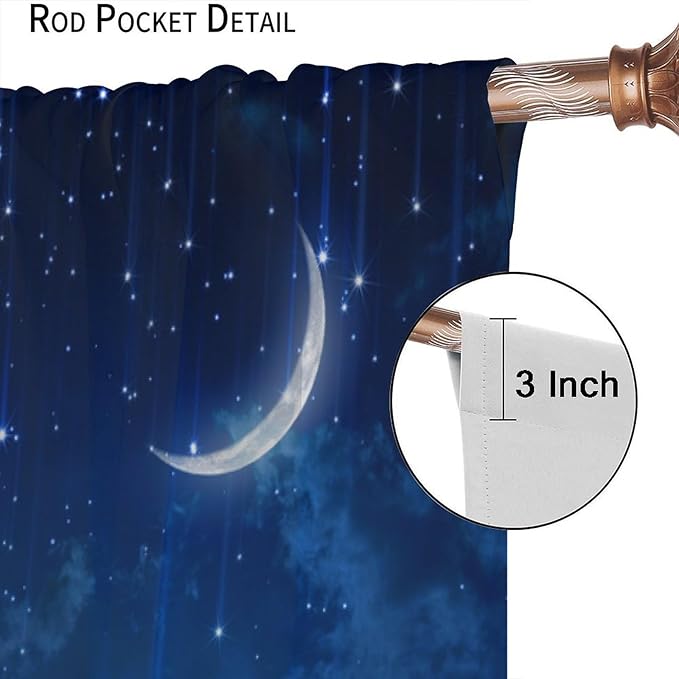 Star Night Sky Blackout Curtains, Moon Foggy Clouds Landscape Theme Print Window Drapes for Kids Girls Bedroom Living Room Decor 42" W X 45" L