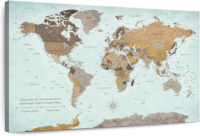 ElephantStock - A Thousand Miles World Push Pin Map Wall Art - Horizontal Canvas Wall Art - Living Room Wall Decor - Printmaking Map Canvas Art - Blue And Brown Decor - 51" x 34"