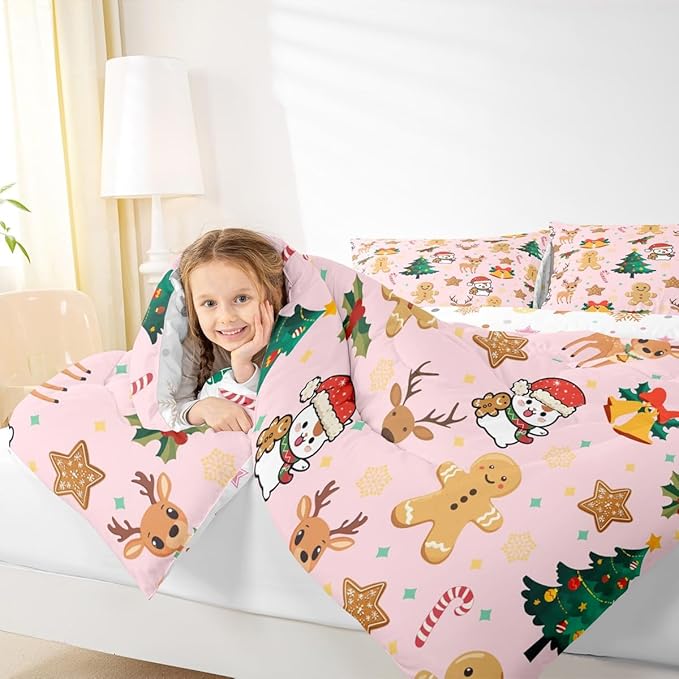 Feelyou Merry Christmas Bedding Set Soft for Boys Girls, Gingerbread Man Comforter Set King Size Cute Deer Duvet Quilt Microfiber Christmas Tree 3 Pcs with 2 Pillow Cases