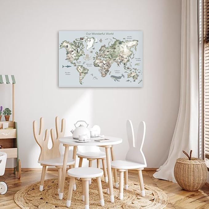 Educational Posters for Toddlers 1-3, Toddler Learning Poster for Kids Ages 3-5, World Map Canvas Print Nursery Preschool Homeschool Kindergarten Classroom Decor 12x18 Inch Unframed B