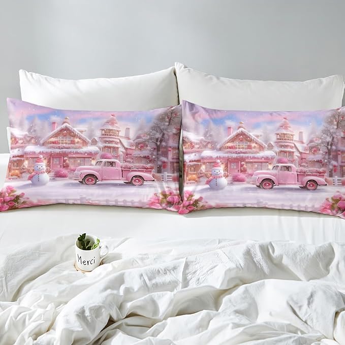 Manfei Christmas Duvet Cover Set King Size, Winter Snowman Truck Flower Bedding Set for Kids Girls Room Decor, New Year Pink Comforter Cover, Soft Polyester Quilt Cover, 2 Pillowcases, No Comforter