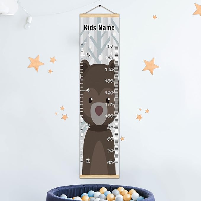 Personalized Kids Name Growth Chart Ruler for Wall Wood Frame Height Measure Chart 13.4x56 in Linen Hanging Height Growth Chart Lovely Bear Before Forest Kids Room Decor