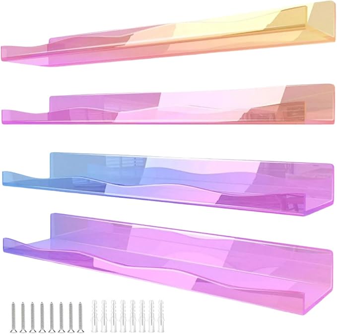 Set of 4 Modern Acrylic Floating Shelves with Rainbow Colorful Acrylic Wall for Books Toy Cosmetics Nursery Decorative Wall
