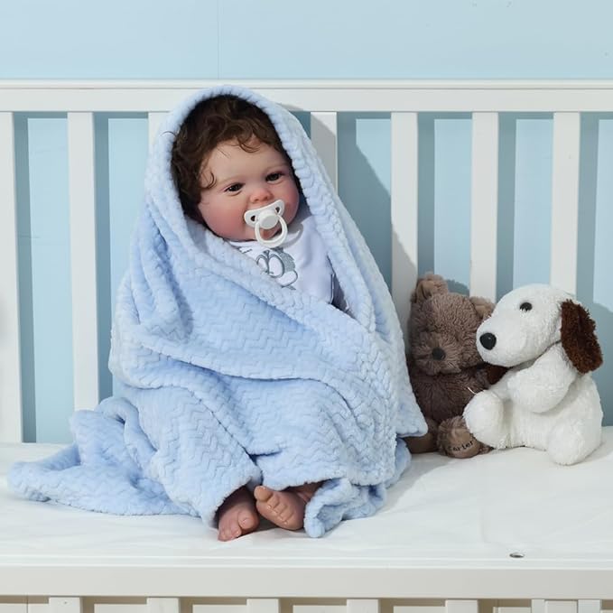 CREVENT 2Pcs 30''X40'' Cute Cozy Fluffy Warm Baby Blankets for Infants Toddlers' Bedding Crib Cot Stroller - Grey Cloud + Wave Blue