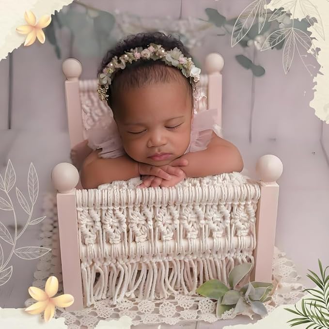 M&G House Newborn Photography Props Bed Woven Wooden Baby Photo Props Classic Retro Photoshoot Bohemian Macrame White Wood Bed Photo Studio Gift