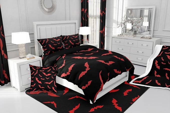 Erosebridal Bat Bedding Set Halloween Comforter Set with 2 Pillow Cases Red Bats Animals Quilt Queen Size for Kids Boys Bedroom Holiday Gothic Spooky Style Quilt
