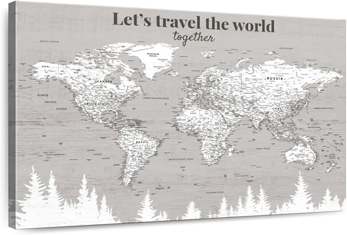 ElephantStock - Let's Travel II Push Pin World Map Wall Art - Horizontal Canvas Wall Art - Living Room Wall Decor - Digital Art Map Canvas Art - Gray And White Decor - 45" x 30"