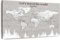 ElephantStock - Let's Travel II Push Pin World Map Wall Art - Horizontal Canvas Wall Art - Living Room Wall Decor - Digital Art Map Canvas Art - Gray And White Decor - 48" x 32"