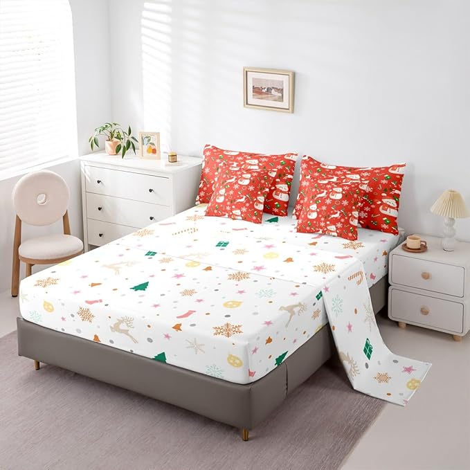 Red Christmas Comforter Set With Sheets 7 Piece King Size Cartoon Deer Snowman Bed in a Bag Kids Boys Girls New Year Red Bedding Set Reversible Xmas Decor Bedroom Decor Breathable Soft Lightweight