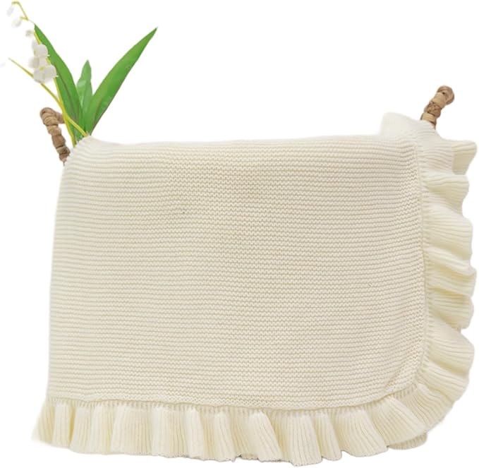 Cotton Baby Blanket with Ruffle Edge Soft Breathable Newborn Blanket for Boys & Girls, Lightweight Knit Throw for Crib, Stroller & Nursery Multiple Colors Available Beige 30x30