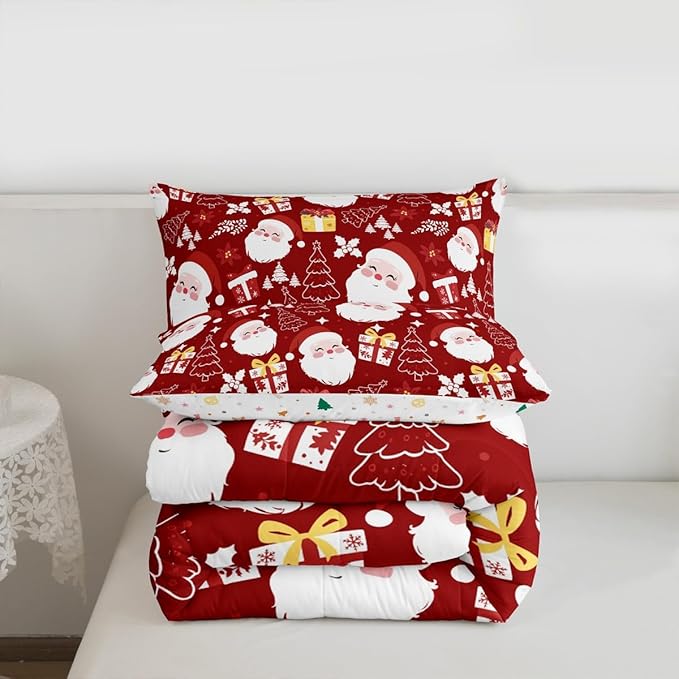 jejeloiu Santa Claus Comforter Set Full Size Merry Christmas Bedding Set for Kids Boys Girls Xmas Themed Duvet Quilt Red Bedroom Decor