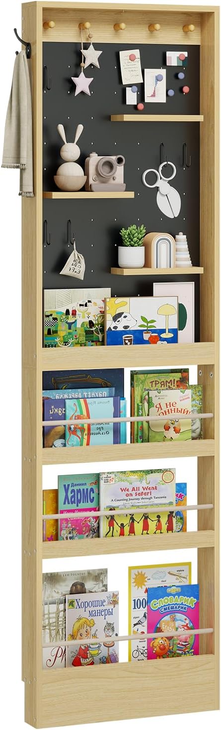 ELECWISH Kids Bookshelf, Behind The Door 70" Tall Bookcase with Open Display Shelves, Wall Mounted Space-Saving Narrow Book Shelf with Pegboard for Children's Study Living Room, Nursery