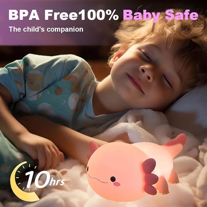 Axolotl Night Light for Kids Bedroom, Animal Silicone Nursery Night Lamp Touch Dinosaurs Nightlights USB Rechargeable Bedside Lamp for Baby Children Toddlers Girls Gift (Pink Axolotl)